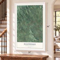 Ellendale, North Carolina map, 24 x 36 inch print in a white frame by a staircase
