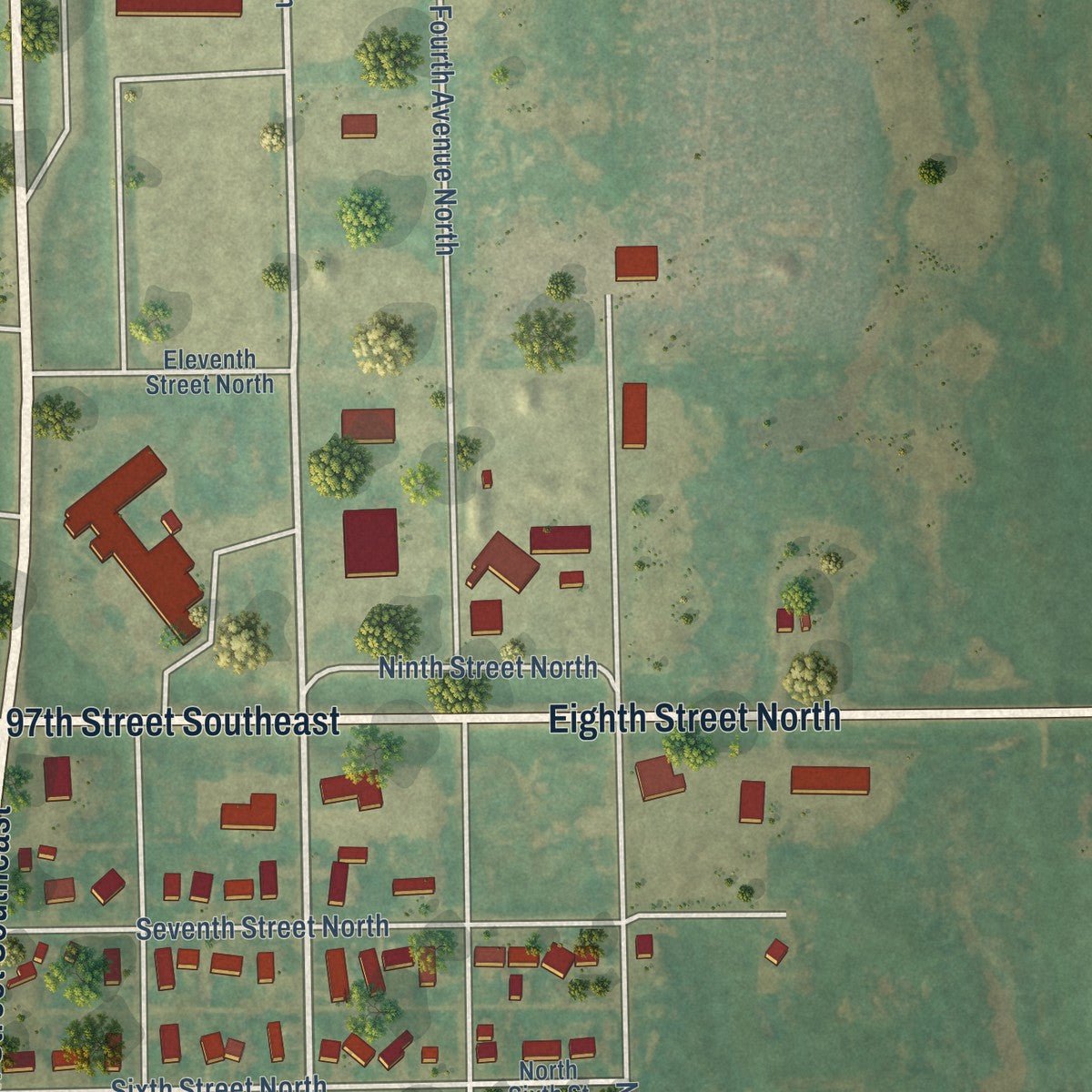 Second close-up of the map of Ellendale, North Dakota print showing more streets and buildings