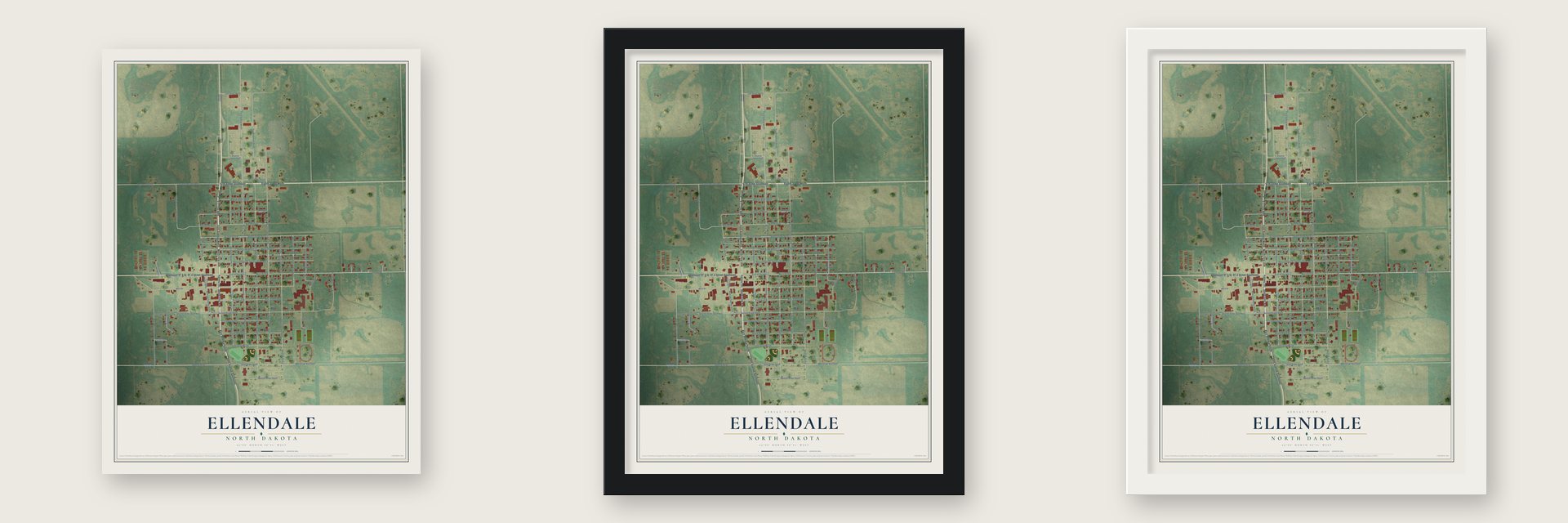 Ellendale, North Dakota map unframed, in a black wood frame and in a white wood frame