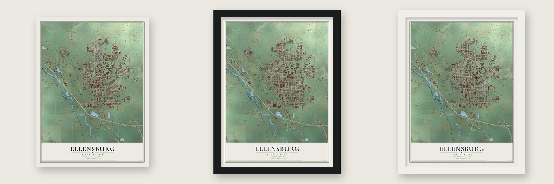 Ellensburg, Washington map unframed, in a black wood frame and in a white wood frame