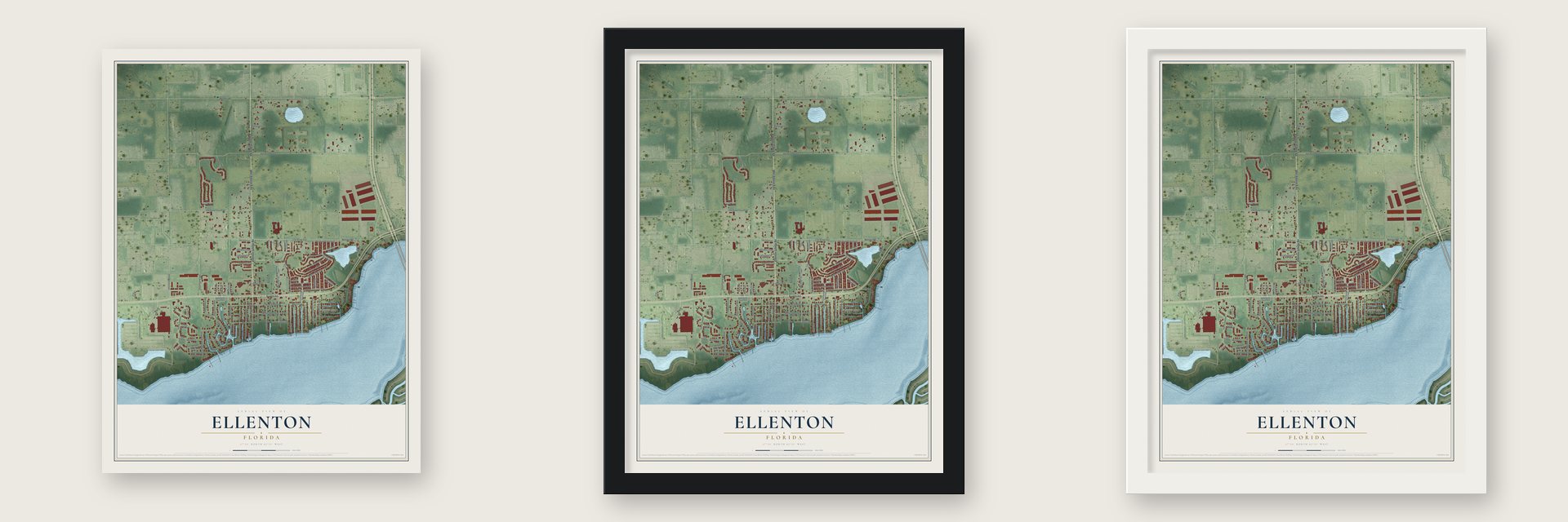 Ellenton, Florida map unframed, in a black wood frame and in a white wood frame