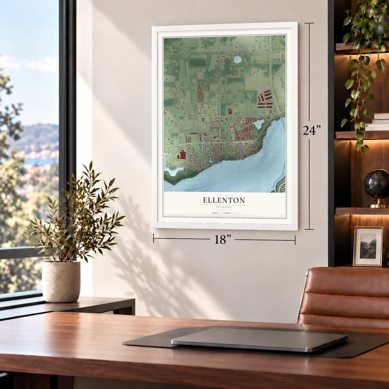 Ellenton, Florida map, 18 x 24 inch print in a white frame in a home office