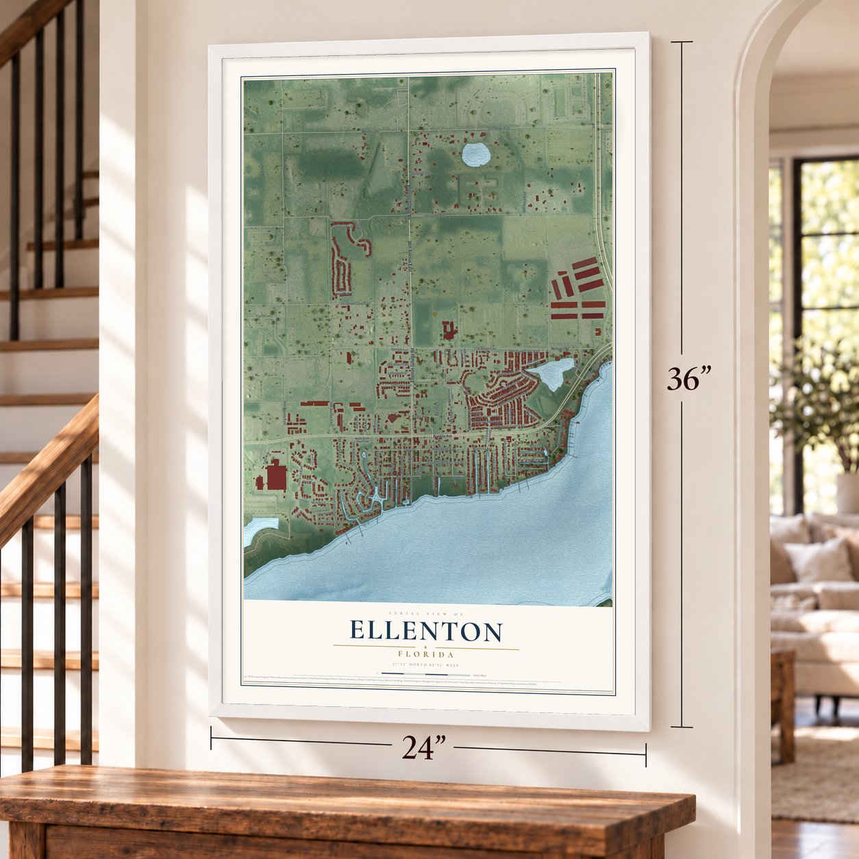 Ellenton, Florida map, 24 x 36 inch print in a white frame by a staircase