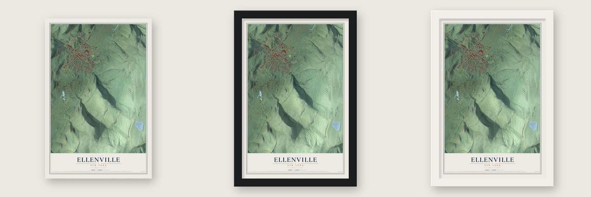 Ellenville, New York map unframed, in a black wood frame and in a white wood frame