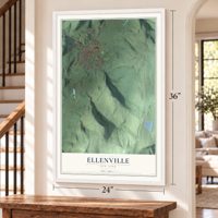 Ellenville, New York map, 24 x 36 inch print in a white frame by a staircase