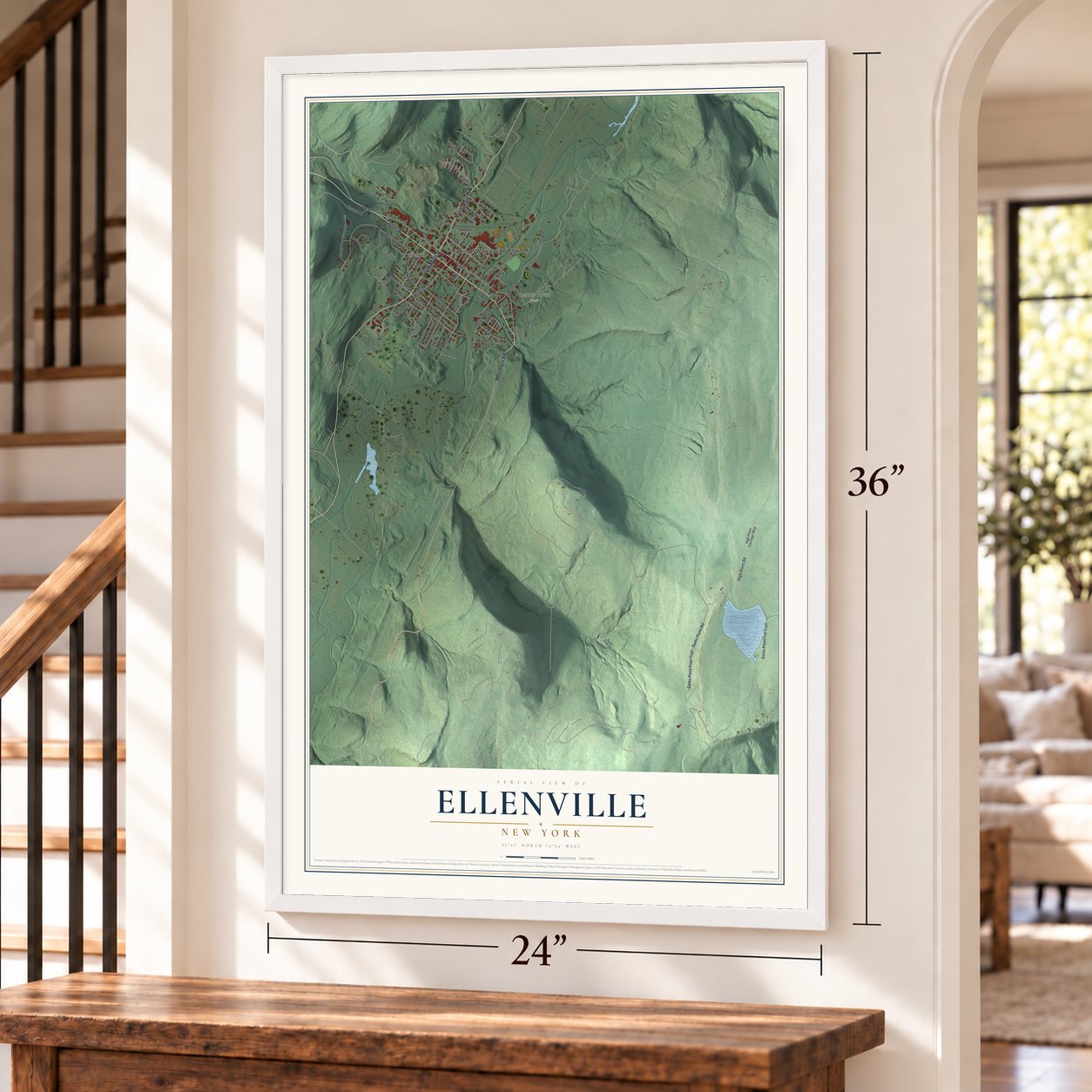 Ellenville, New York map, 24 x 36 inch print in a white frame by a staircase