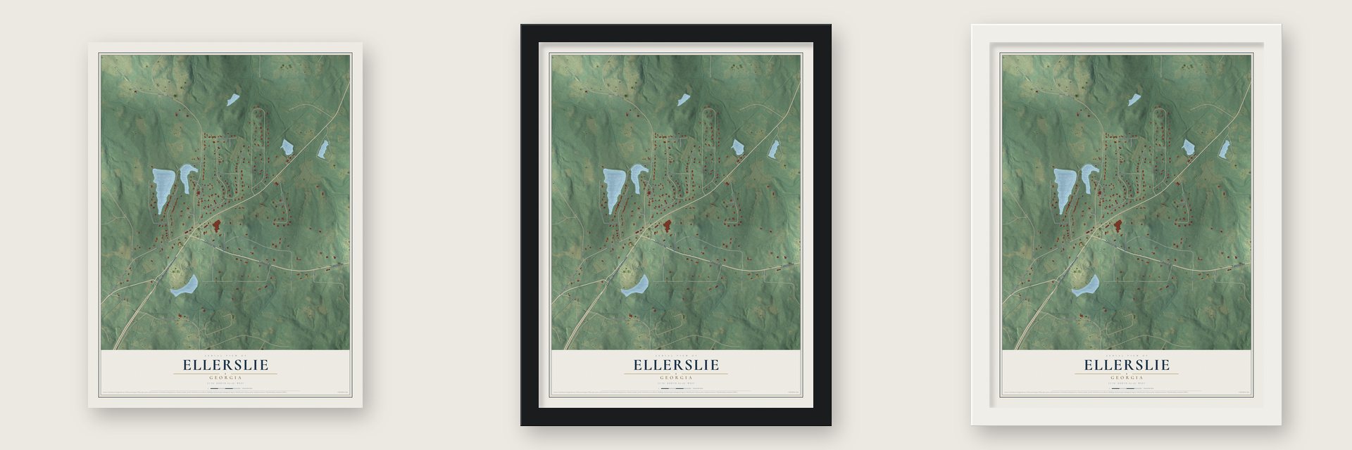 Ellerslie, Georgia map unframed, in a black wood frame and in a white wood frame