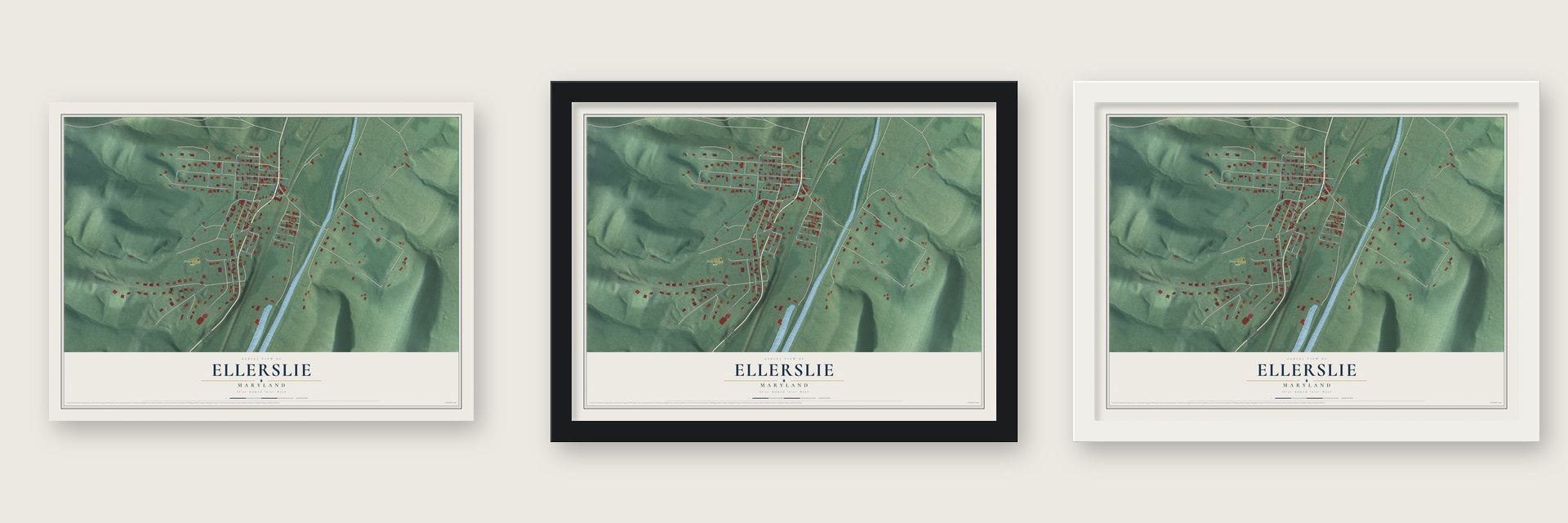 Ellerslie, Maryland map unframed, in a black wood frame and in a white wood frame