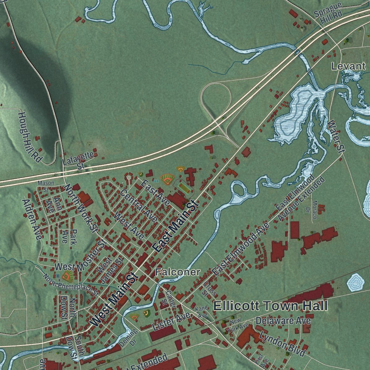 Second close-up of the map of Ellicott, New York print showing more streets and buildings