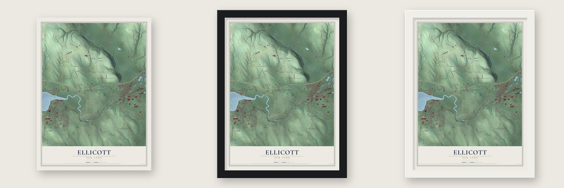 Ellicott, New York map unframed, in a black wood frame and in a white wood frame