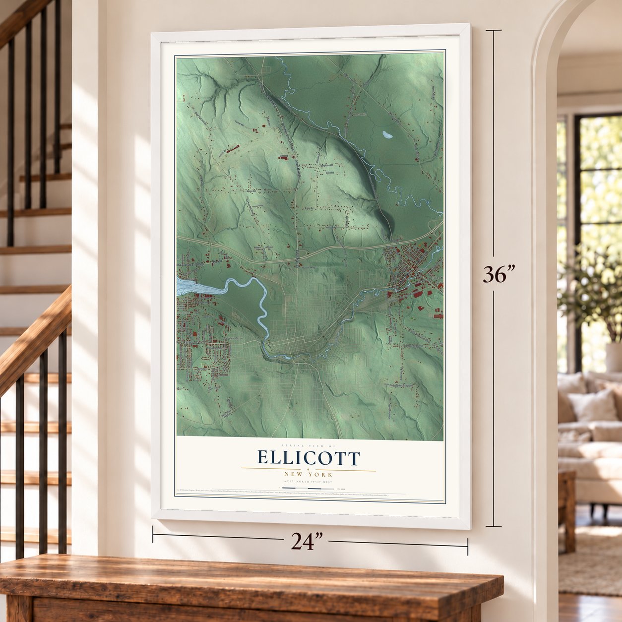 Ellicott, New York map, 24 x 36 inch print in a white frame by a staircase