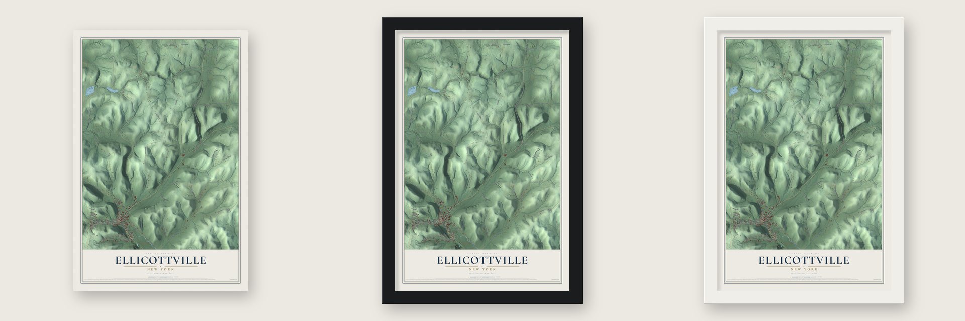 Ellicottville, New York map unframed, in a black wood frame and in a white wood frame