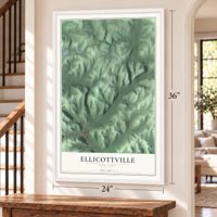 Ellicottville, New York map, 24 x 36 inch print in a white frame by a staircase