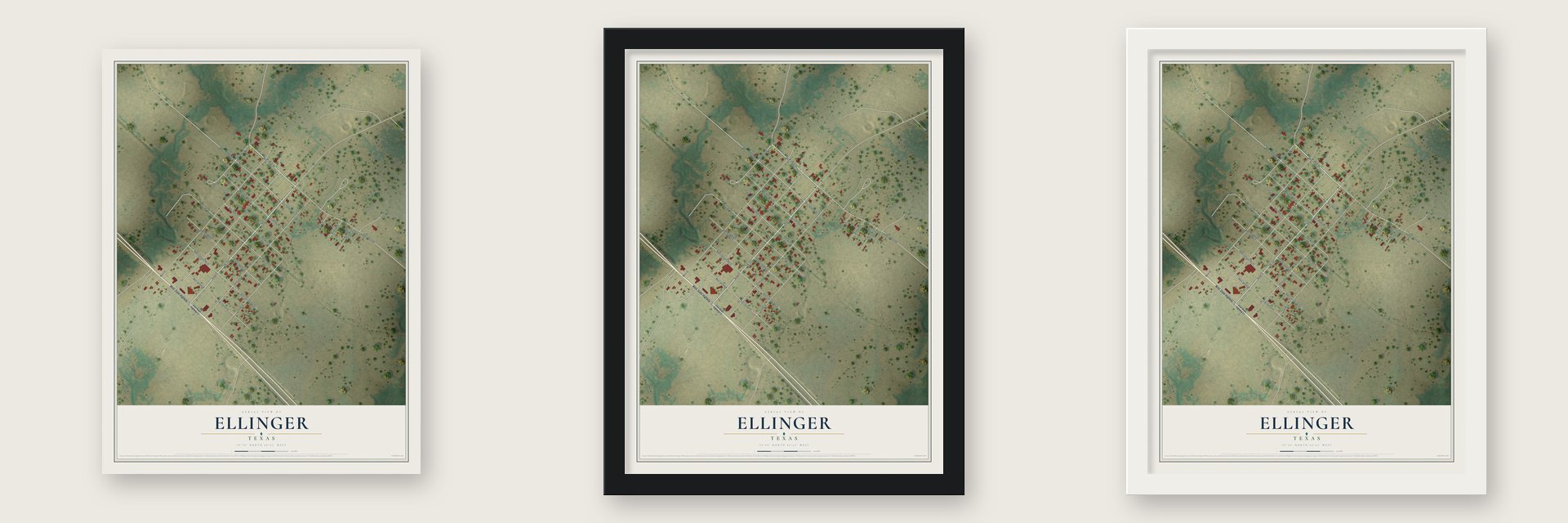 Ellinger, Texas map unframed, in a black wood frame and in a white wood frame