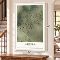 Ellinger, Texas map, 24 x 36 inch print in a white frame by a staircase