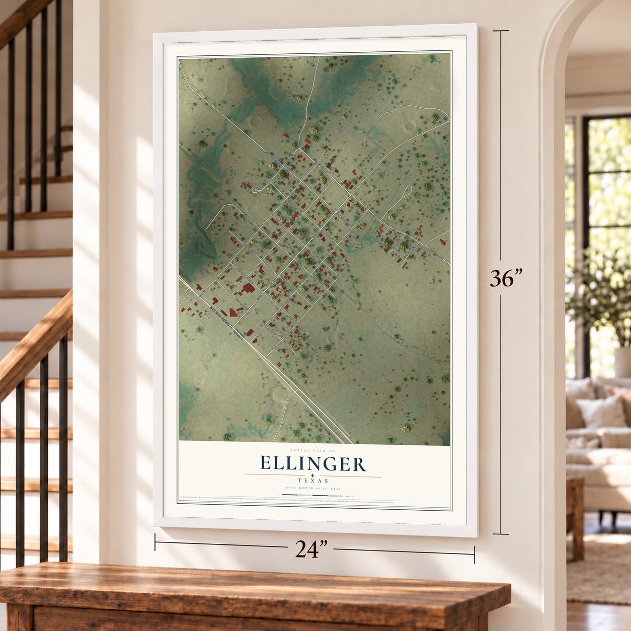 Ellinger, Texas map, 24 x 36 inch print in a white frame by a staircase