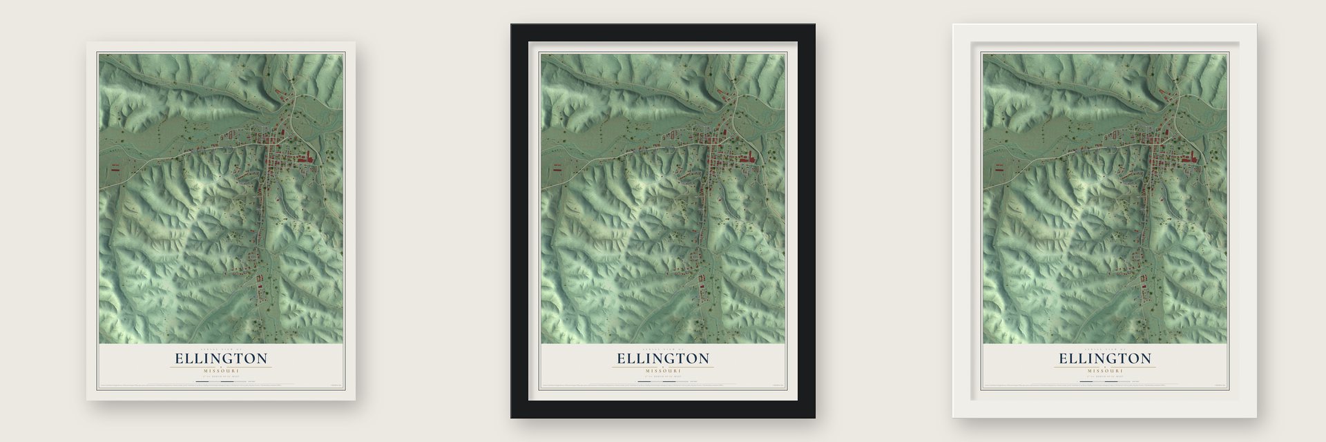 Ellington, Missouri map unframed, in a black wood frame and in a white wood frame