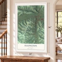 Ellington, Missouri map, 24 x 36 inch print in a white frame by a staircase