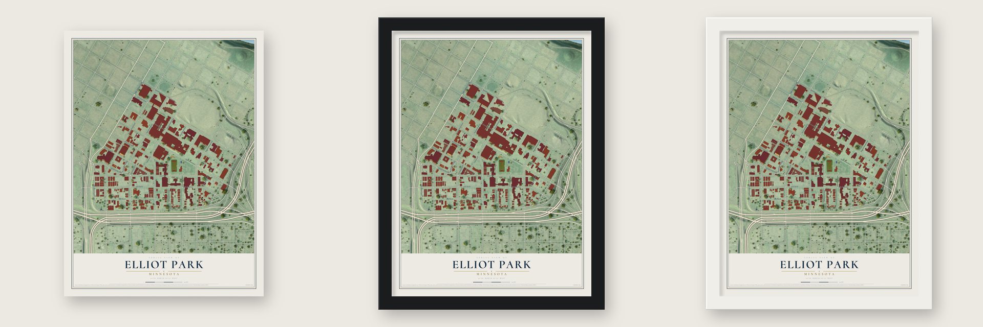 Elliot Park, Minnesota map unframed, in a black wood frame and in a white wood frame