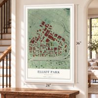 Elliot Park, Minnesota map, 24 x 36 inch print in a white frame by a staircase
