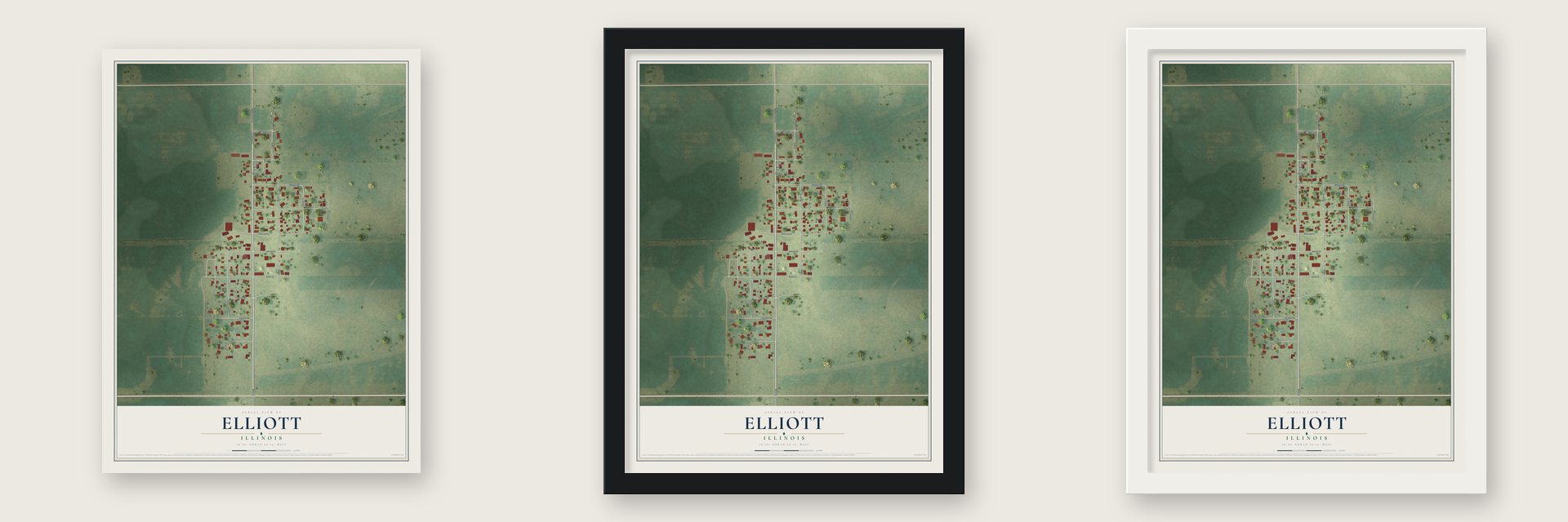 Elliott, Illinois map unframed, in a black wood frame and in a white wood frame