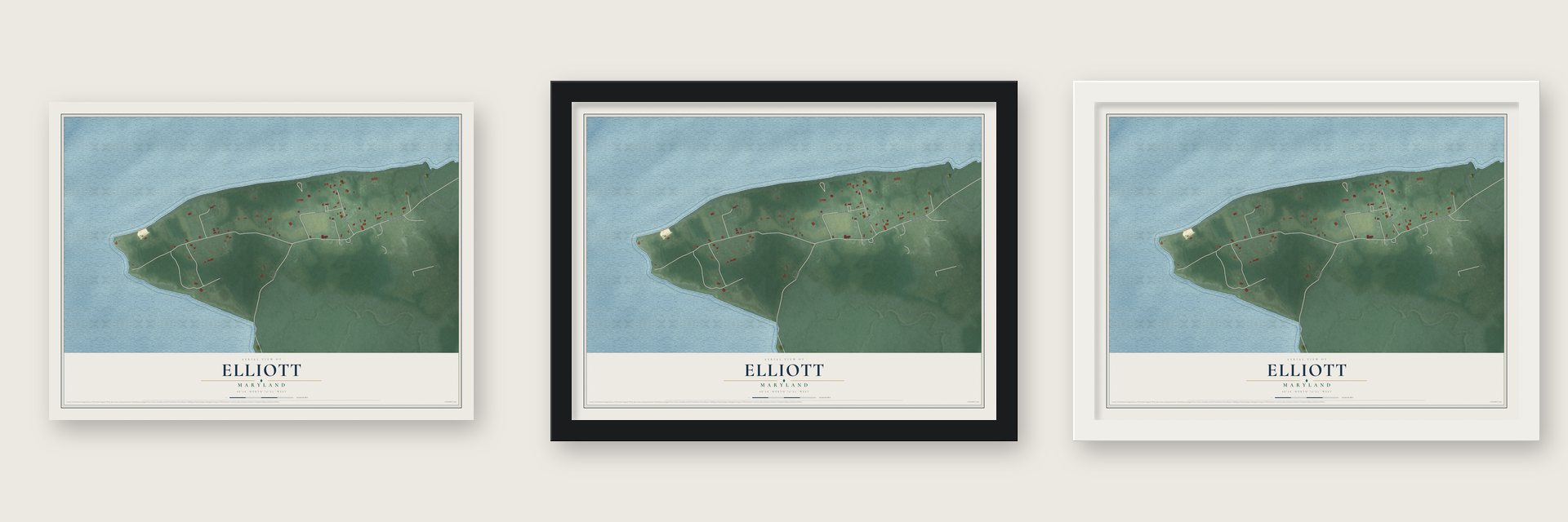 Elliott, Maryland map unframed, in a black wood frame and in a white wood frame
