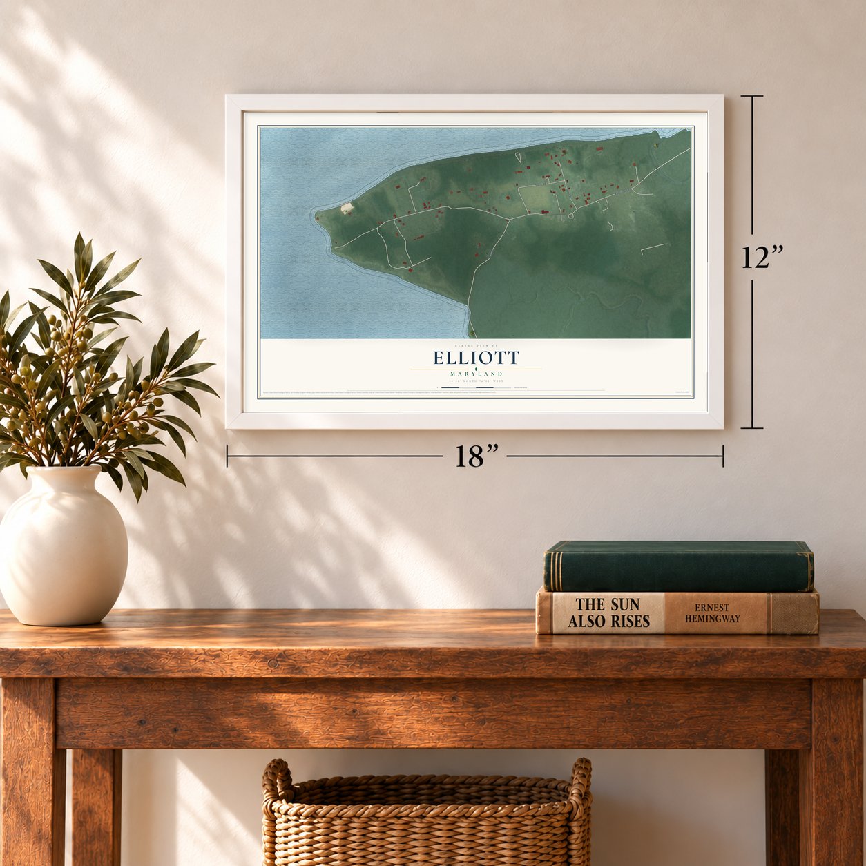 Elliott, Maryland map, 12 x 18 inch print in a white frame in an entryway