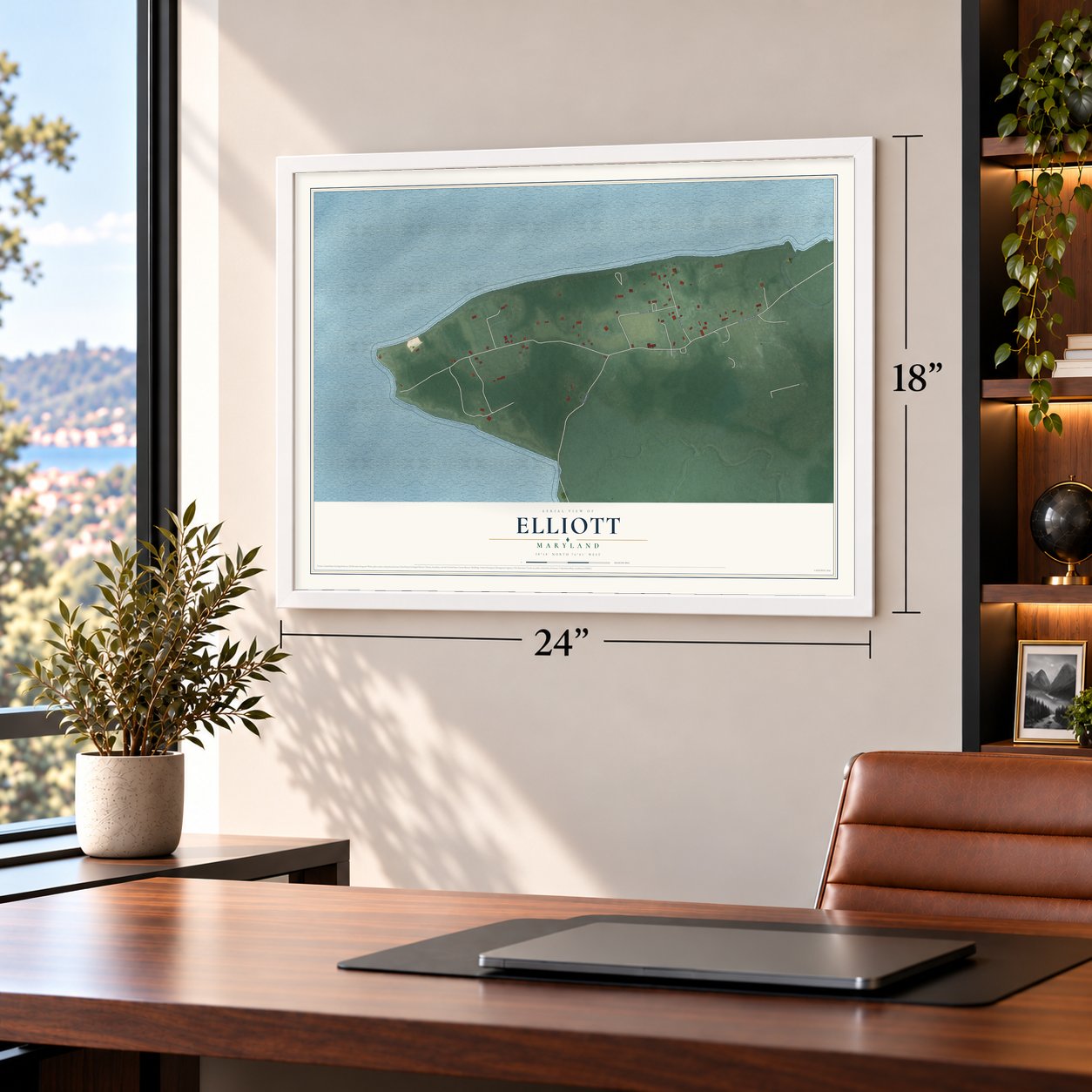 Elliott, Maryland map, 18 x 24 inch print in a white frame in a home office