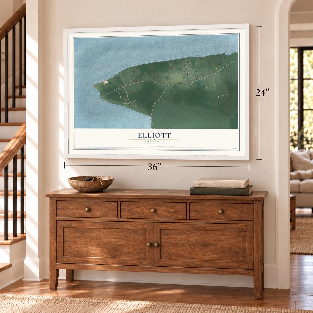 Elliott, Maryland map, 24 x 36 inch print in a white frame above a dresser by a staircase