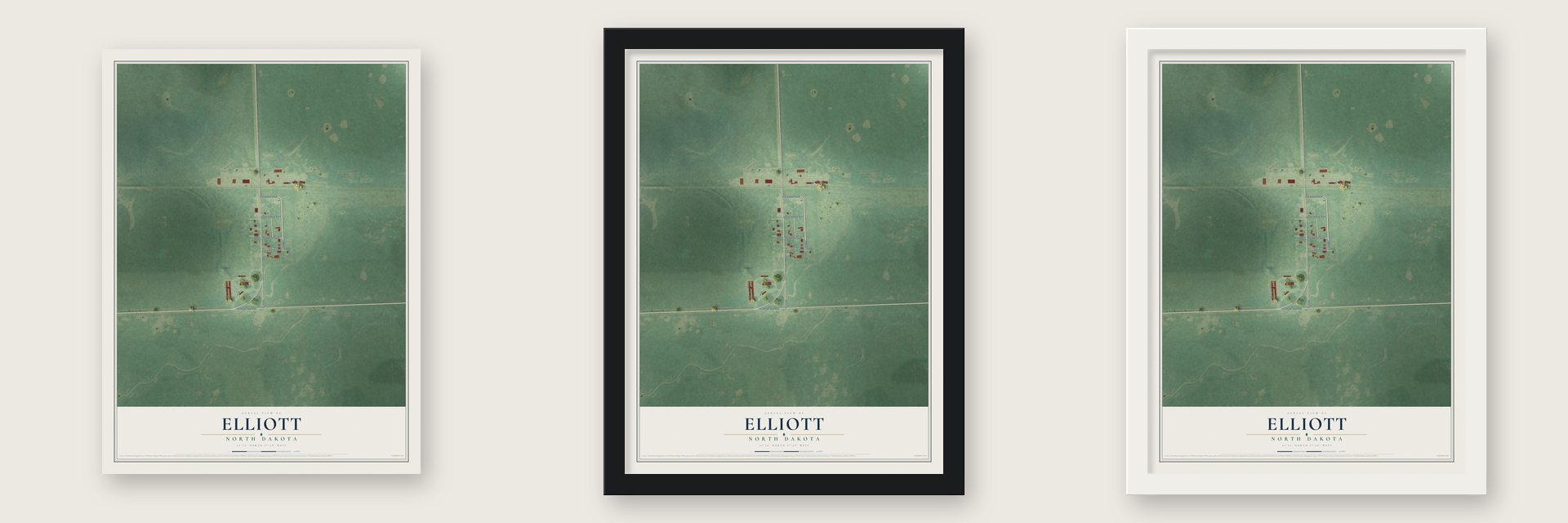 Elliott, North Dakota map unframed, in a black wood frame and in a white wood frame