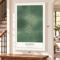 Elliott, North Dakota map, 24 x 36 inch print in a white frame by a staircase