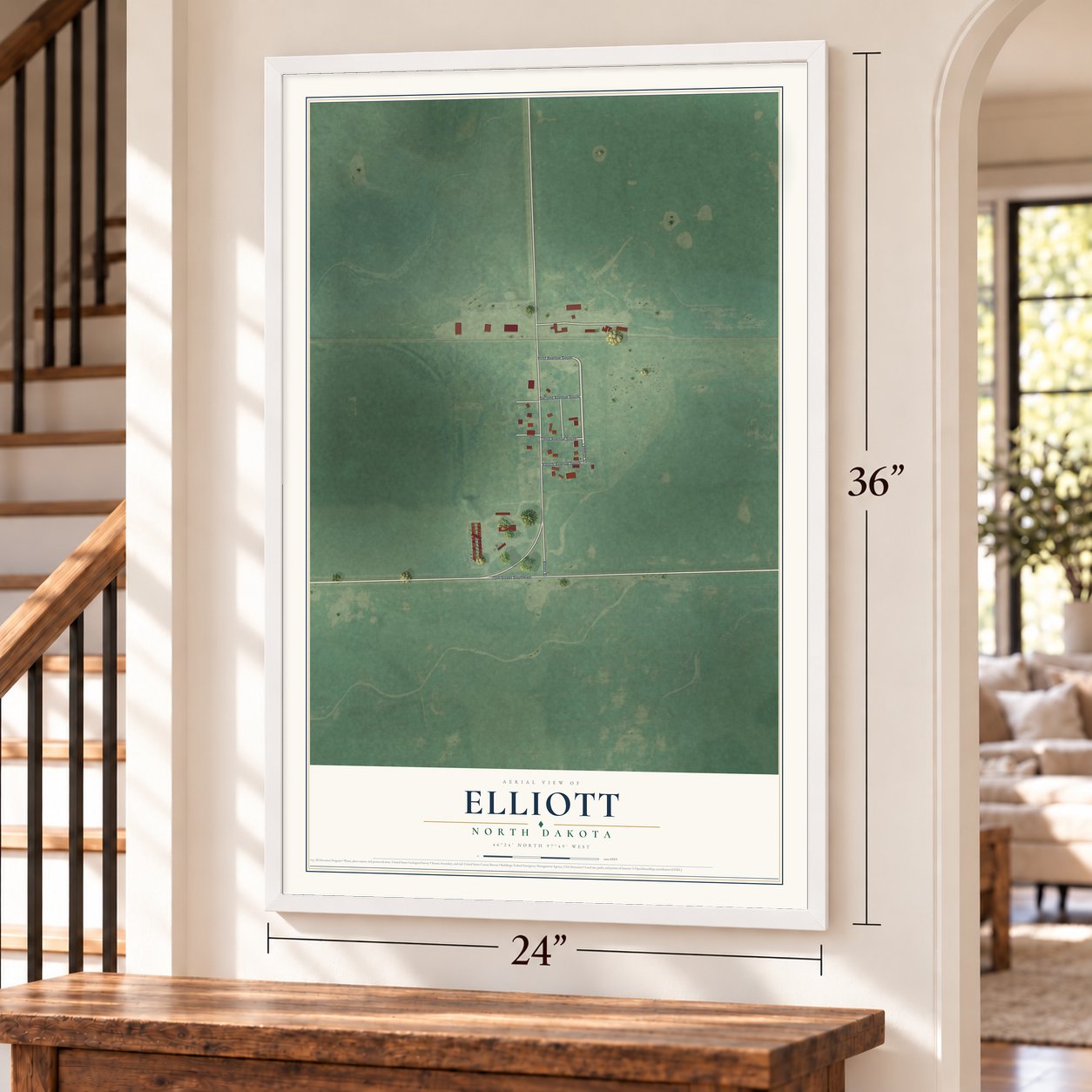 Elliott, North Dakota map, 24 x 36 inch print in a white frame by a staircase