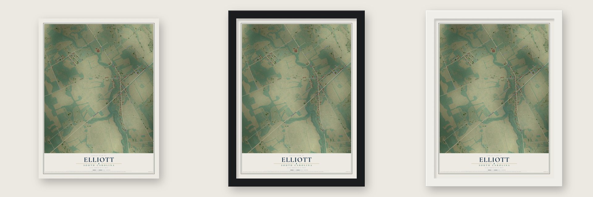 Elliott, South Carolina map unframed, in a black wood frame and in a white wood frame