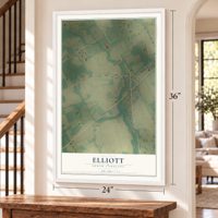 Elliott, South Carolina map, 24 x 36 inch print in a white frame by a staircase