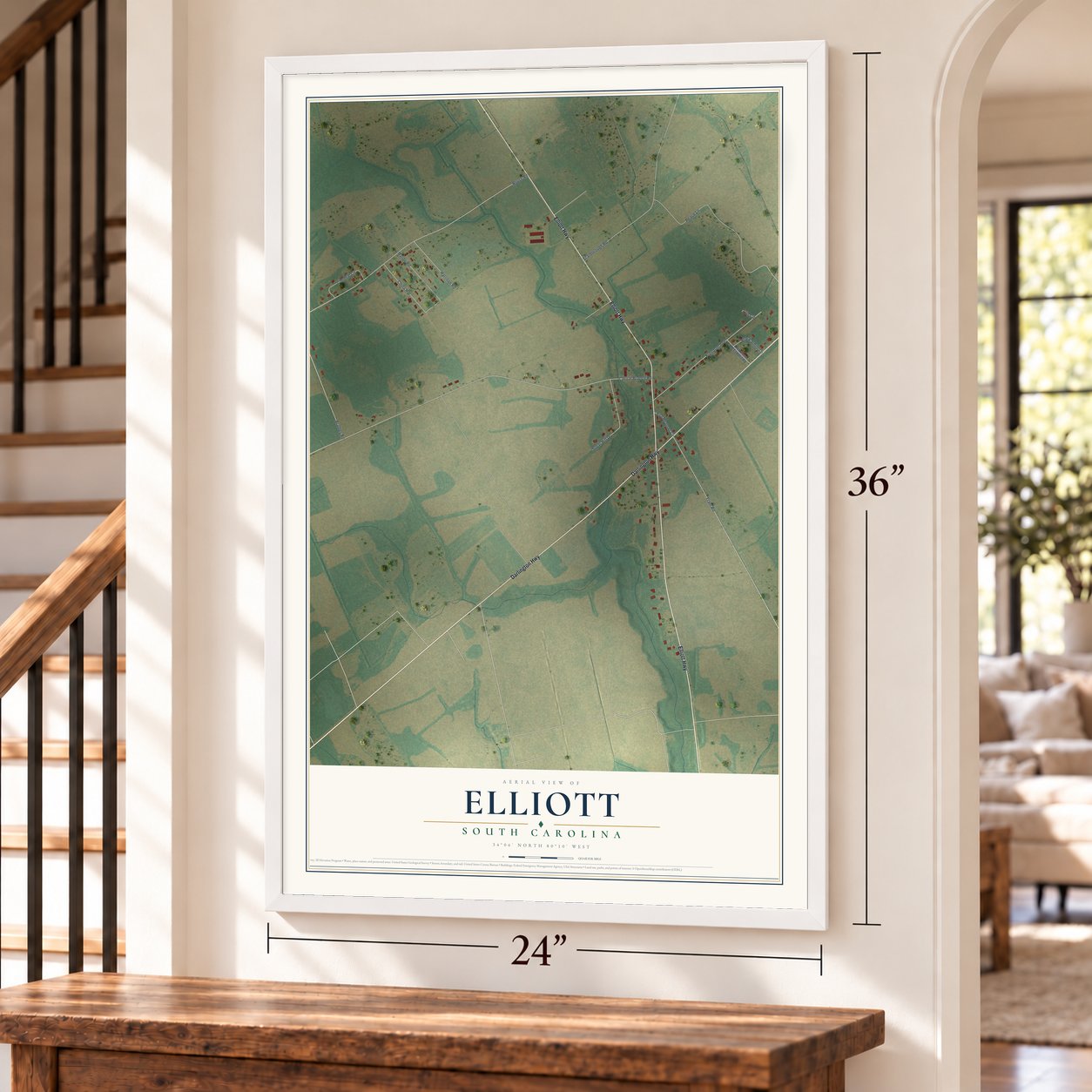 Elliott, South Carolina map, 24 x 36 inch print in a white frame by a staircase