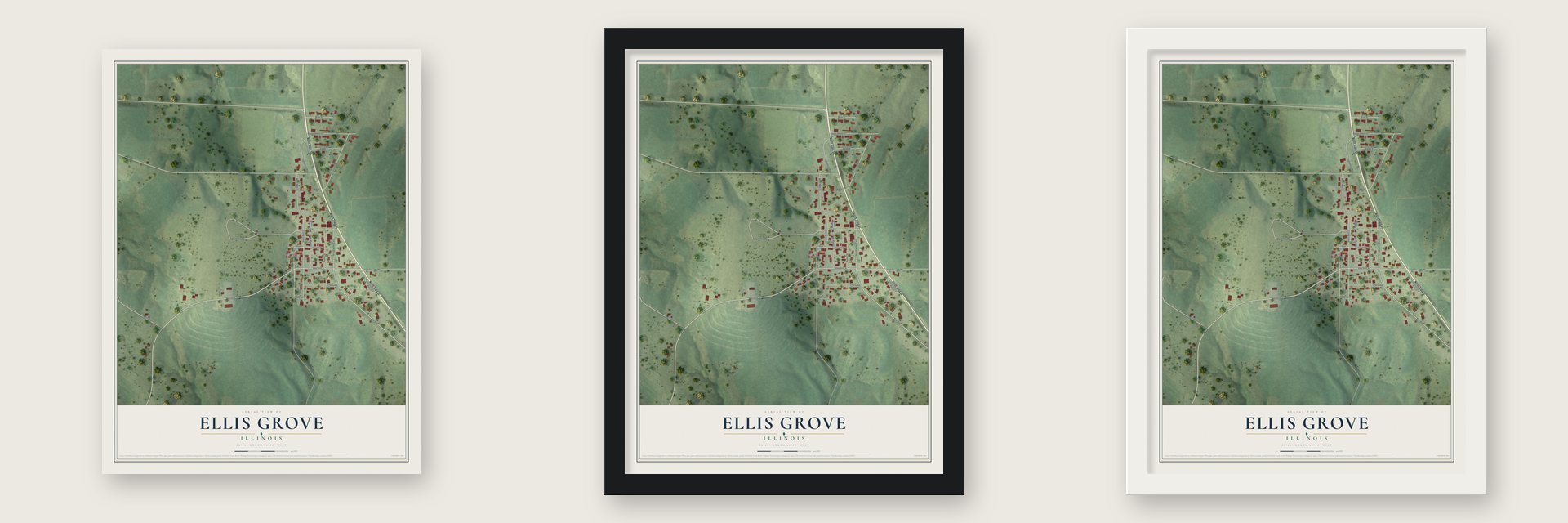 Ellis Grove, Illinois map unframed, in a black wood frame and in a white wood frame