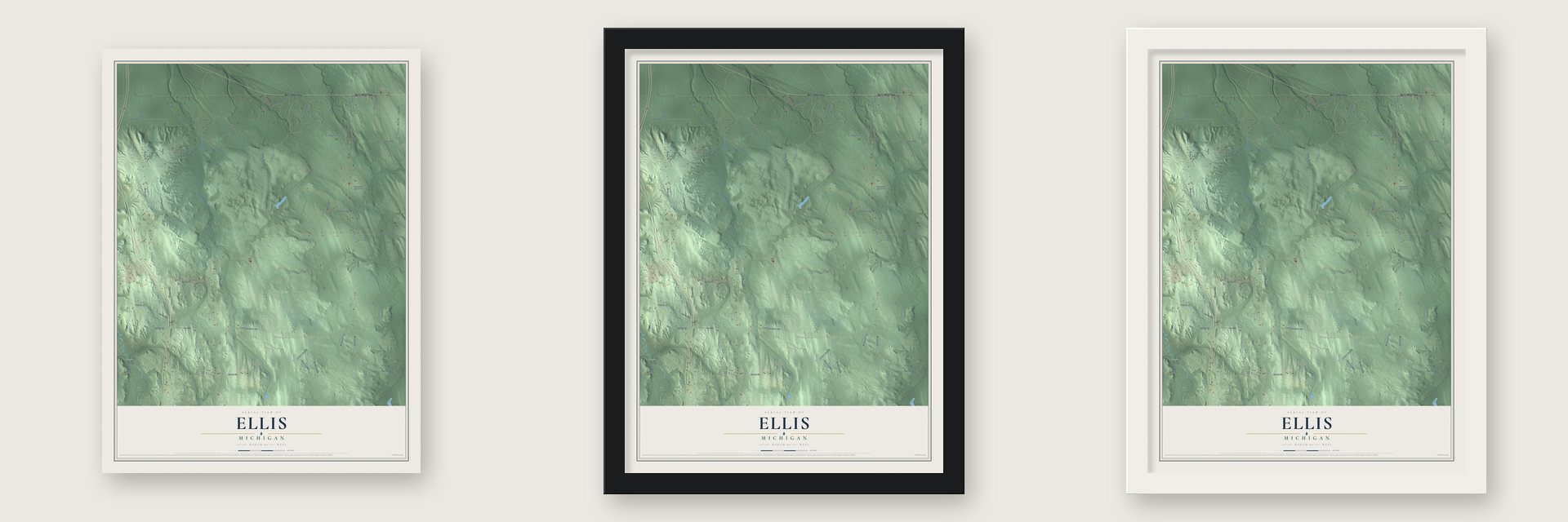 Ellis, Michigan map unframed, in a black wood frame and in a white wood frame