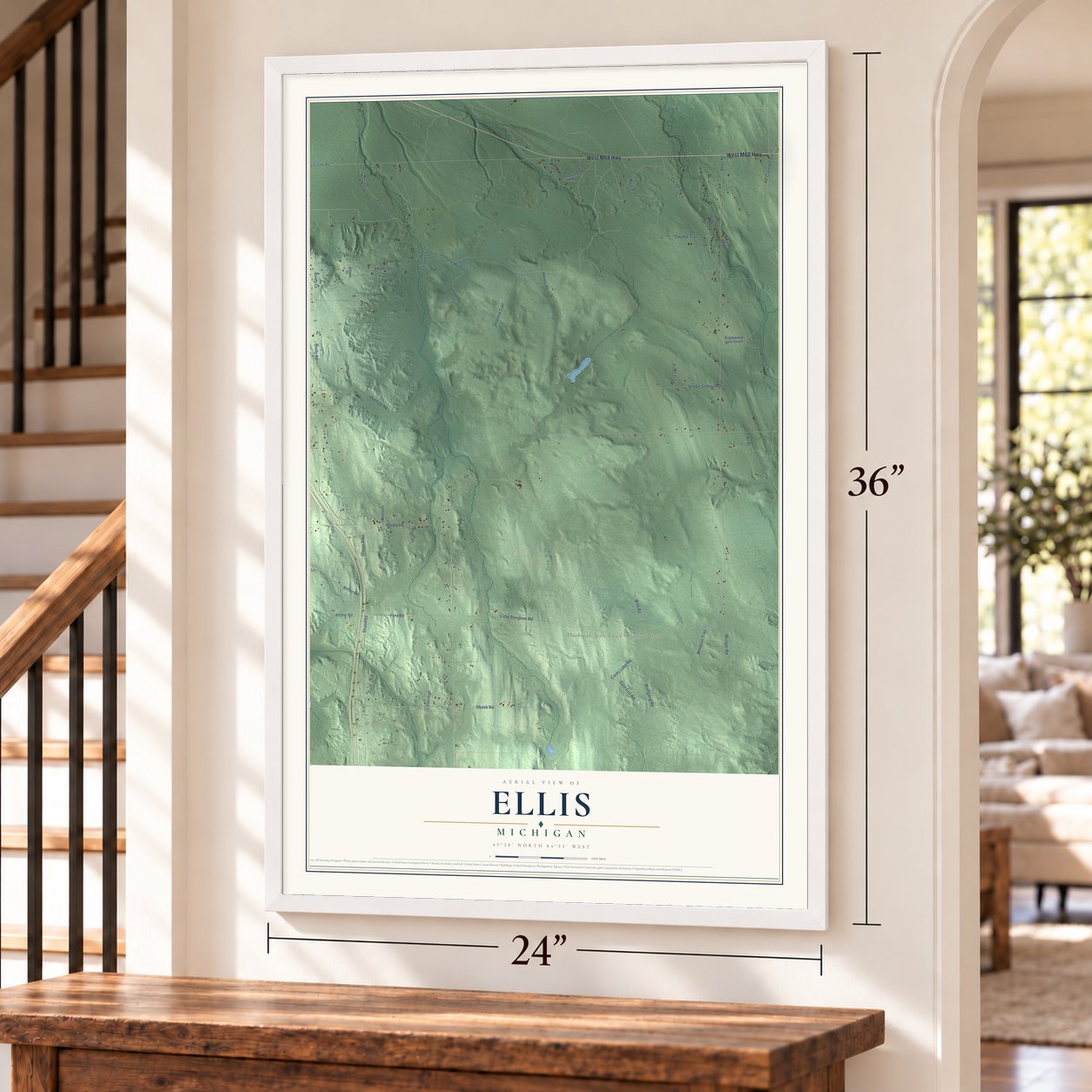 Ellis, Michigan map, 24 x 36 inch print in a white frame by a staircase