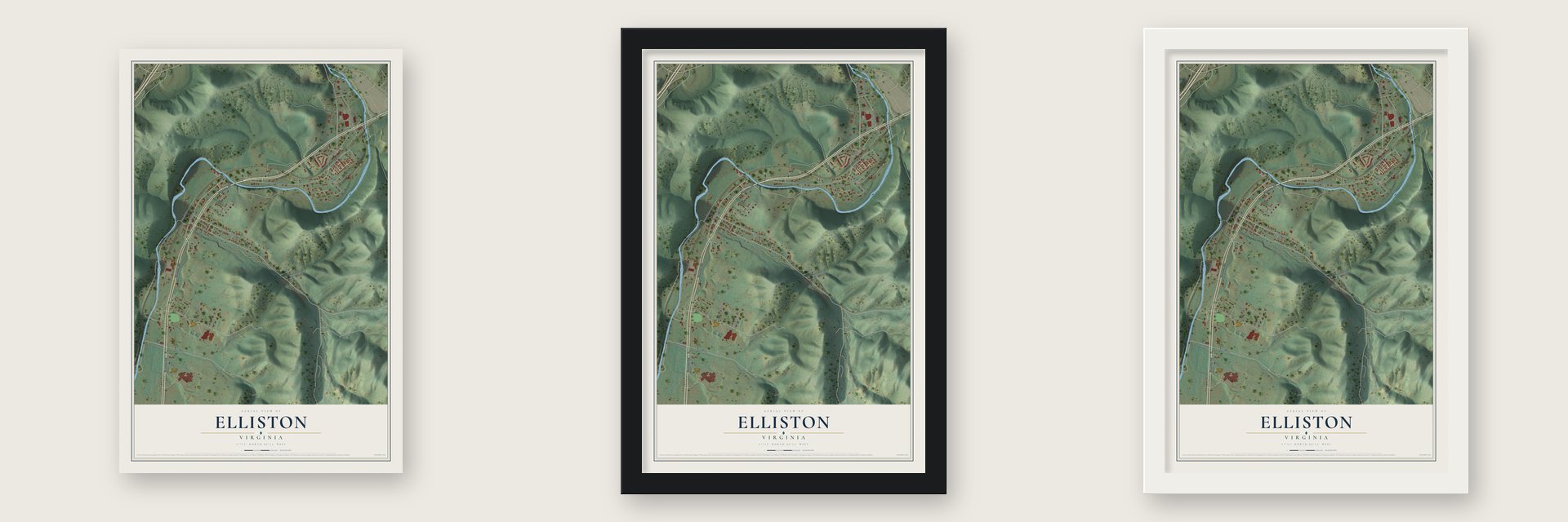 Elliston, Virginia map unframed, in a black wood frame and in a white wood frame
