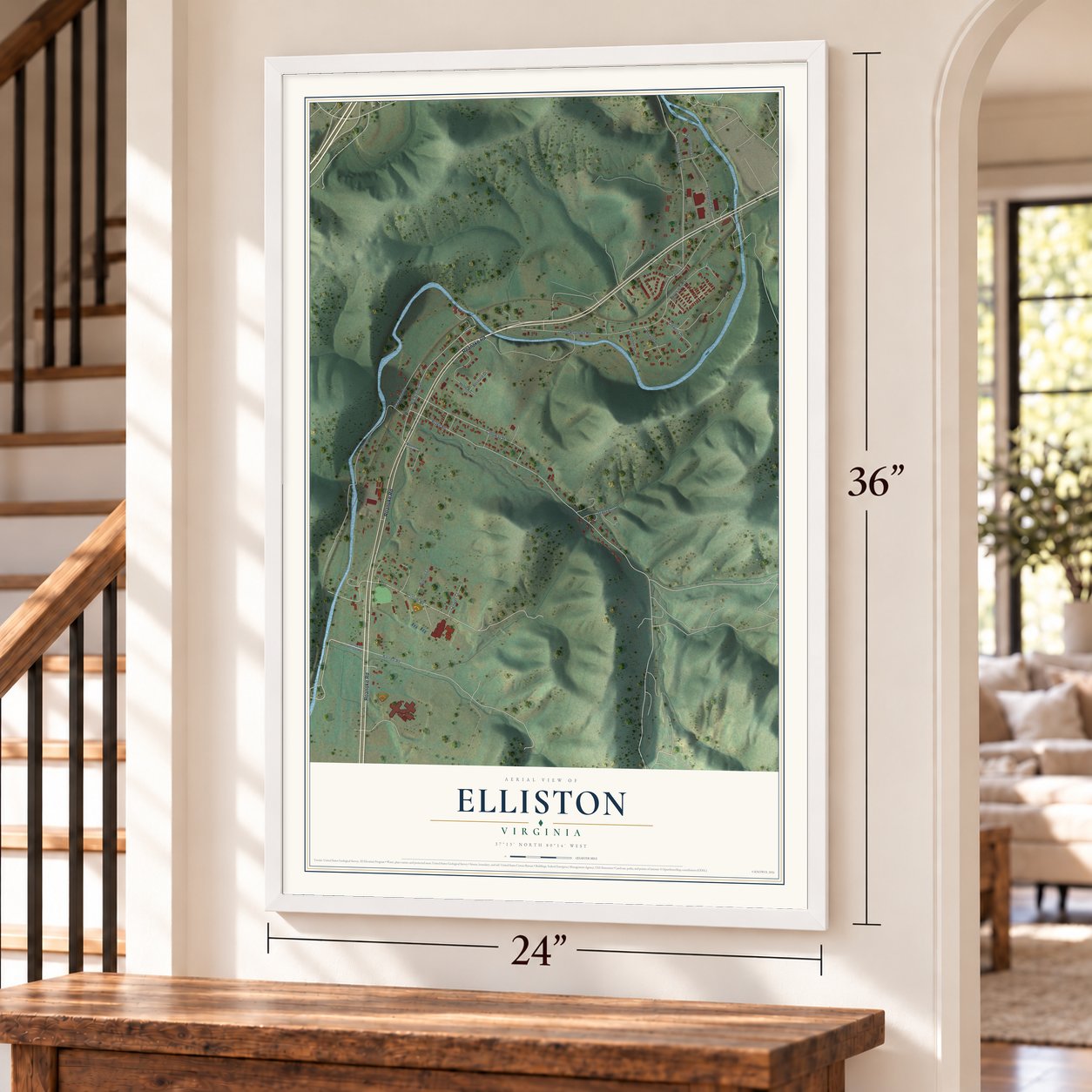 Elliston, Virginia map, 24 x 36 inch print in a white frame by a staircase