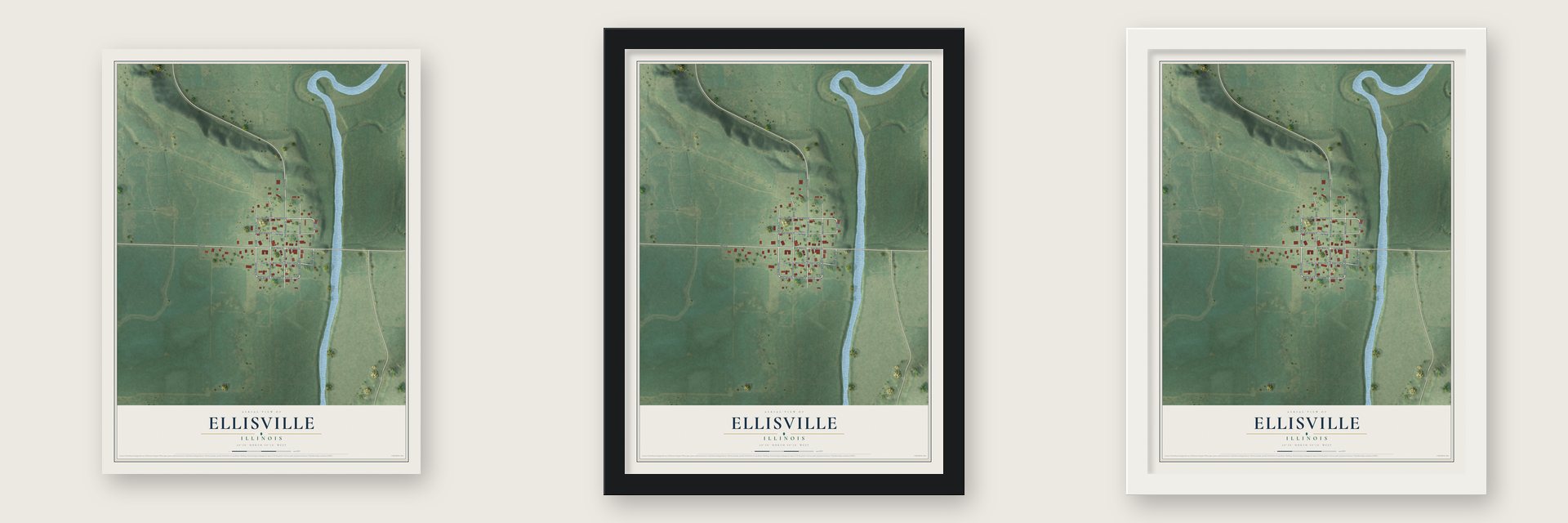 Ellisville, Illinois map unframed, in a black wood frame and in a white wood frame