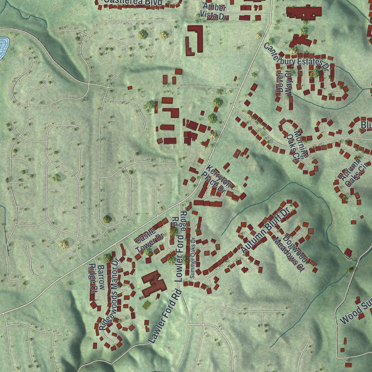 Second close-up of the map of Ellisville, Missouri print showing more streets and buildings