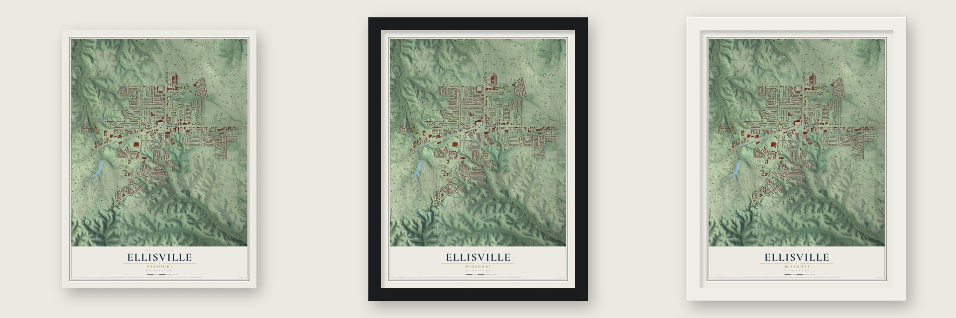 Ellisville, Missouri map unframed, in a black wood frame and in a white wood frame