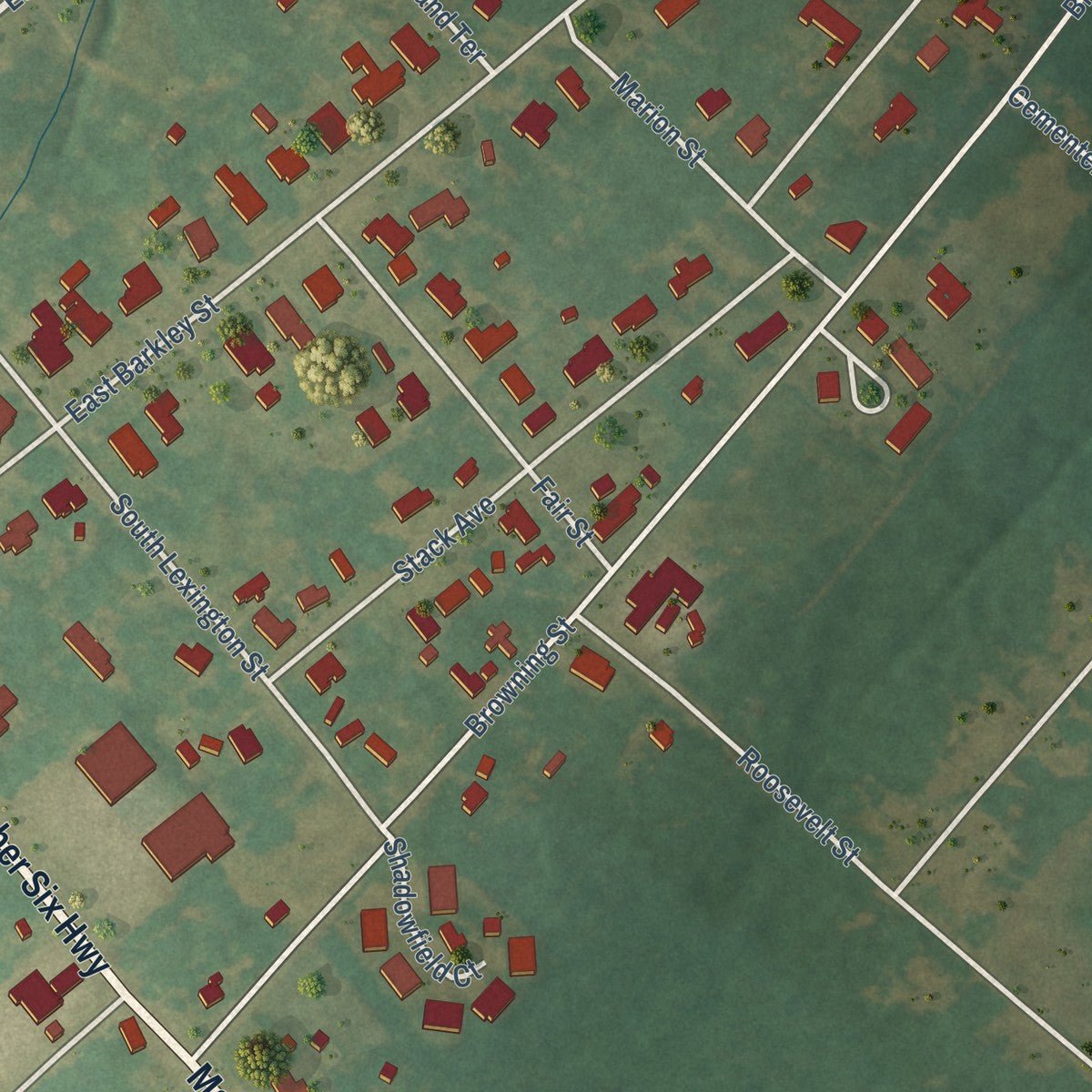 Second close-up of the map of Elloree, South Carolina print showing more streets and buildings