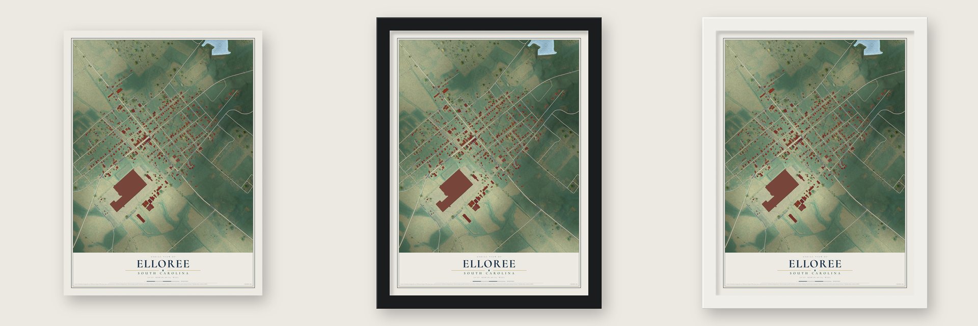 Elloree, South Carolina map unframed, in a black wood frame and in a white wood frame