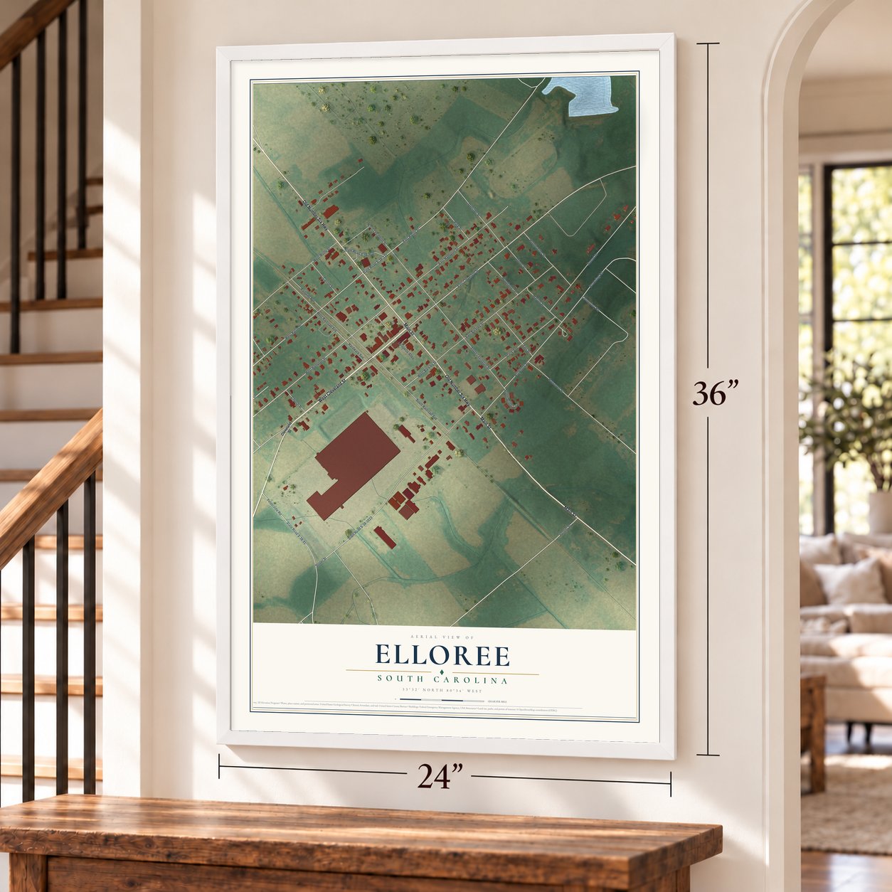 Elloree, South Carolina map, 24 x 36 inch print in a white frame by a staircase