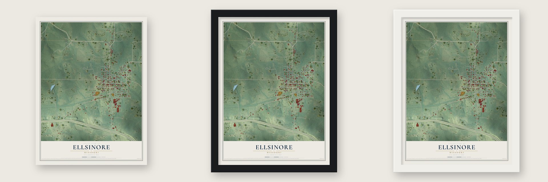 Ellsinore, Missouri map unframed, in a black wood frame and in a white wood frame