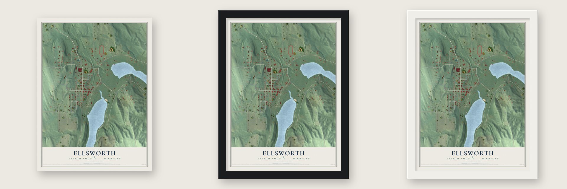 Ellsworth, Antrim County, Michigan map unframed, in a black wood frame and in a white wood frame