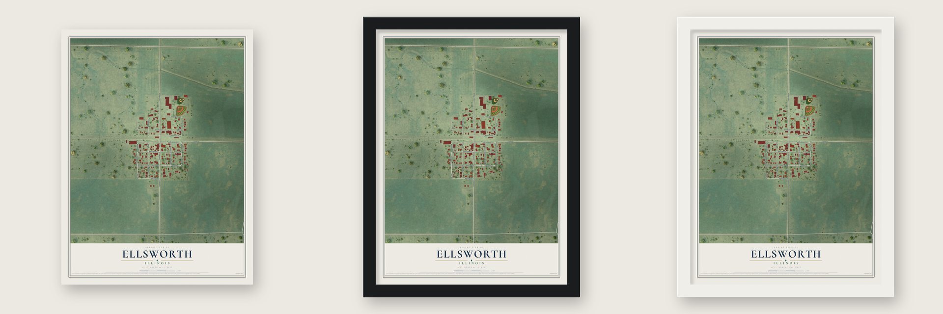 Ellsworth, Illinois map unframed, in a black wood frame and in a white wood frame