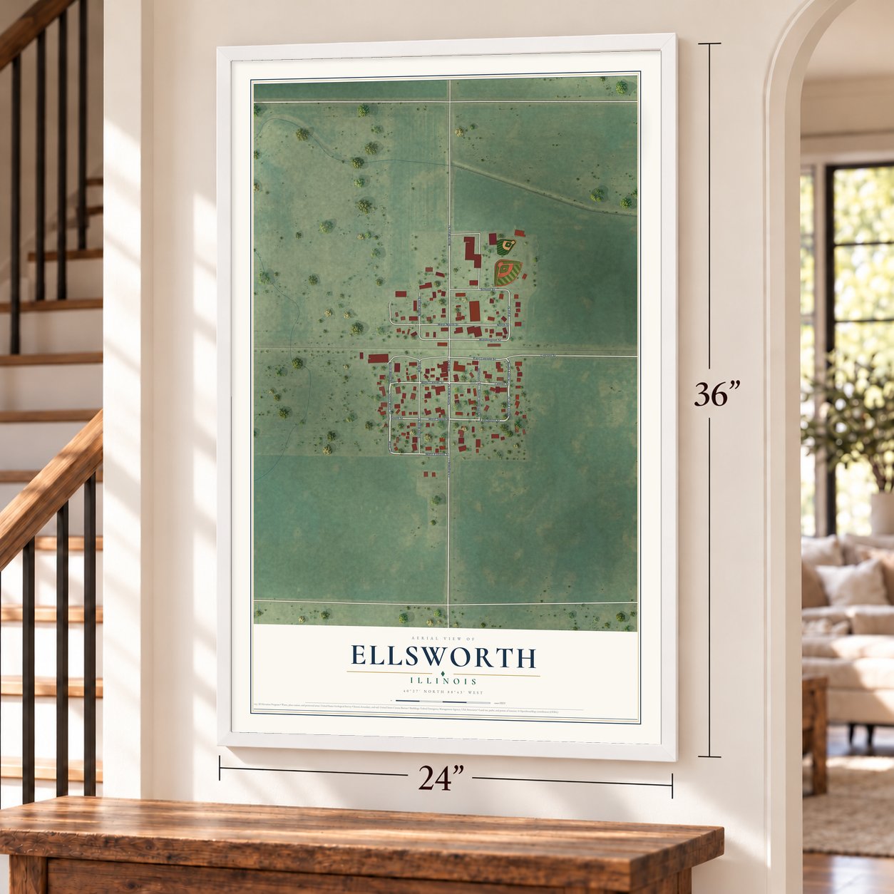 Ellsworth, Illinois map, 24 x 36 inch print in a white frame by a staircase